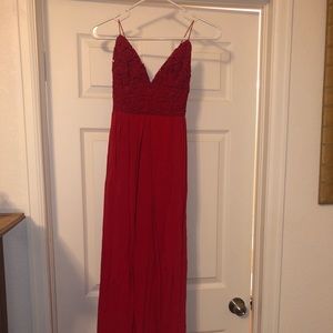 Long red maxi dress with lace detailing